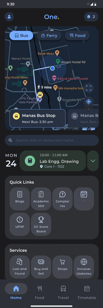 One Stop app home screen with campus map, timetable and quick links